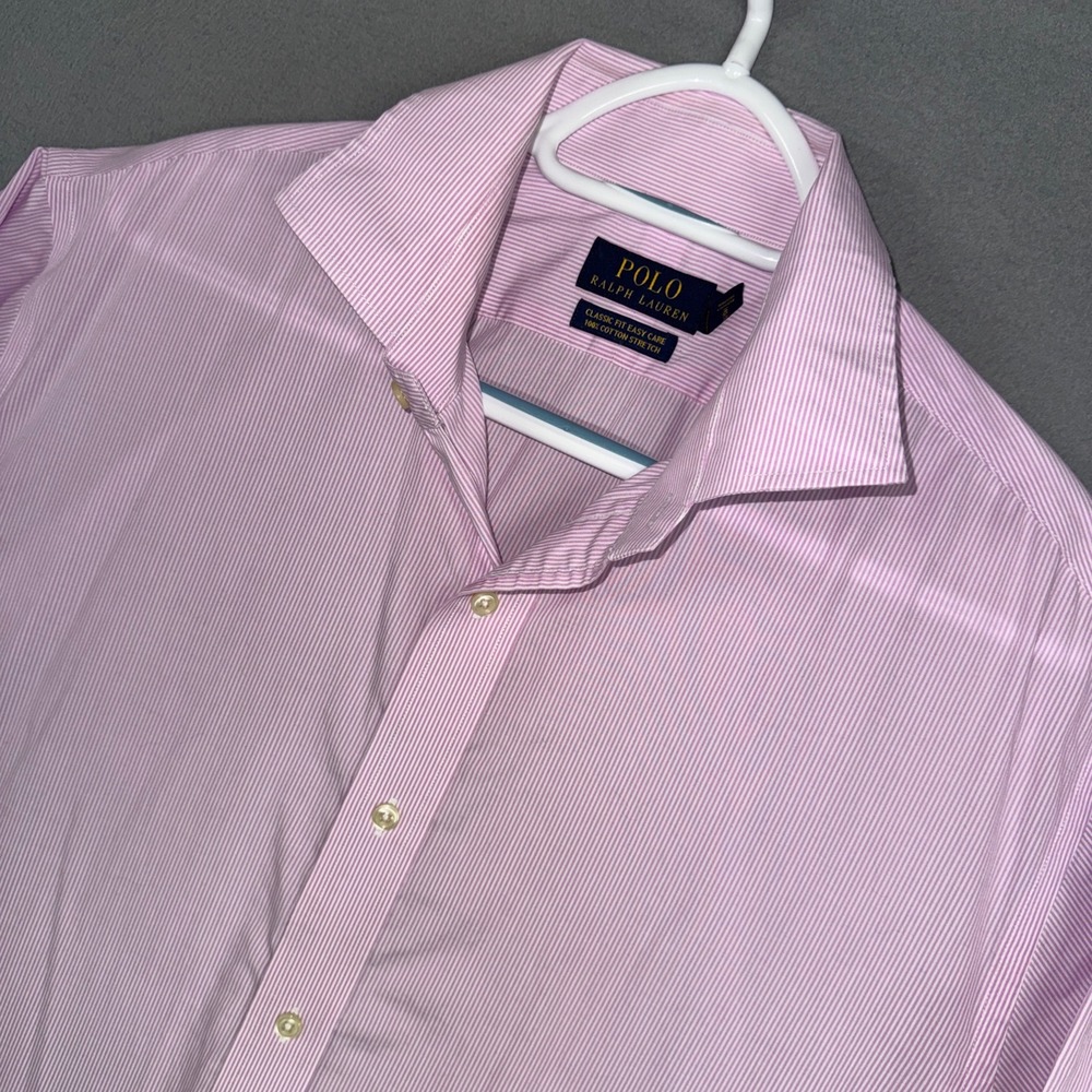 Polo Ralph Lauren Shirt Mens 17.5 34/35 Pink Stripe Classic Fit Stretch Dress